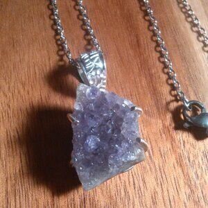 Rough Cut Amethyst Geode Sterling Silver Pendant Stainless Steel Necklace